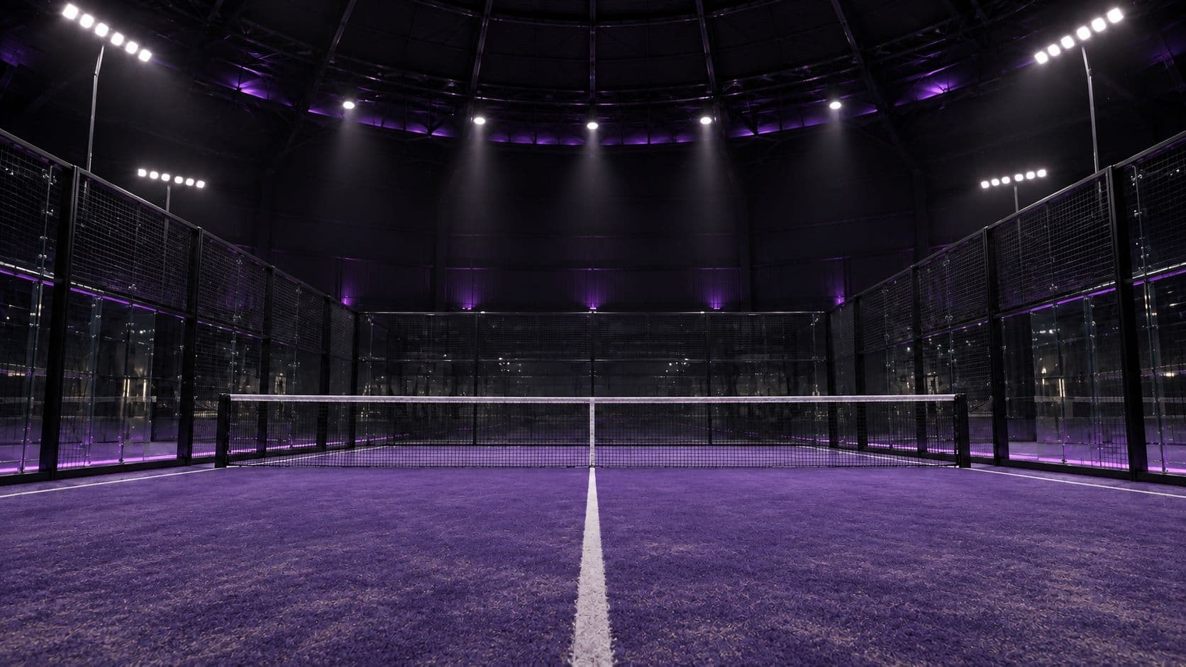 A padel player mid-swing on a purple-lit court against the Dubai skyline
