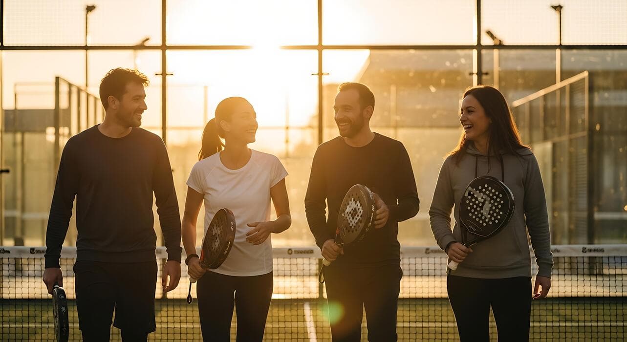 Four padel players smiling together on a court at sunset