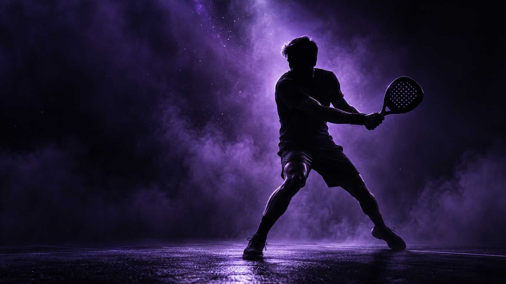 A padel athlete playing against a purple-lit background
